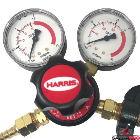 Dettaglio manometri riduttore di pressione per acetilene Harris 801