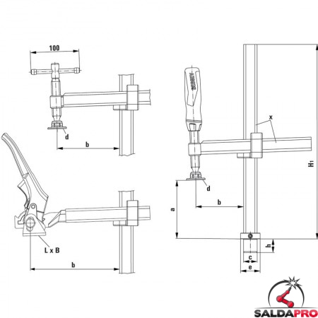 schema tecnico morsetto di fissaggio a leva profondità variabile Bessey