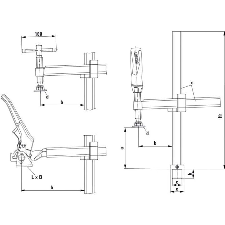 schema tecnico morsetto di fissaggio a leva profondità variabile Bessey