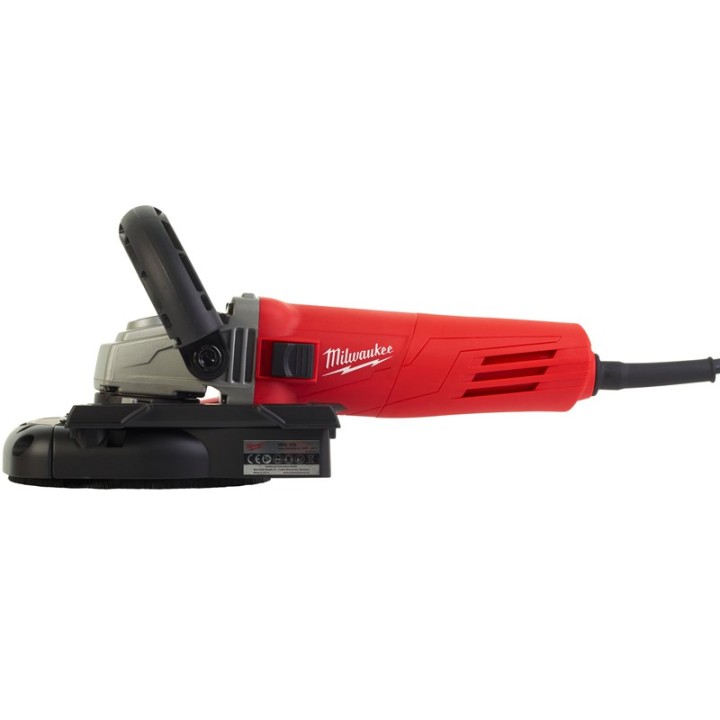 vista lato sinistro smerigliatrice angolare Milwaukee AGV 12 DEG con cuffia levigatura
