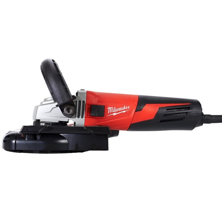 vista laterale sinistra smerigliatrice angolare Milwaukee AGV 15 DEG con cuffia levigatura