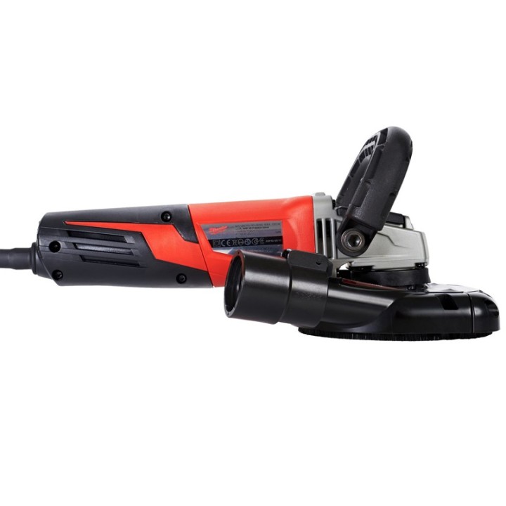vista laterale destra smerigliatrice angolare Milwaukee AGV 15 DEG con cuffia levigatura