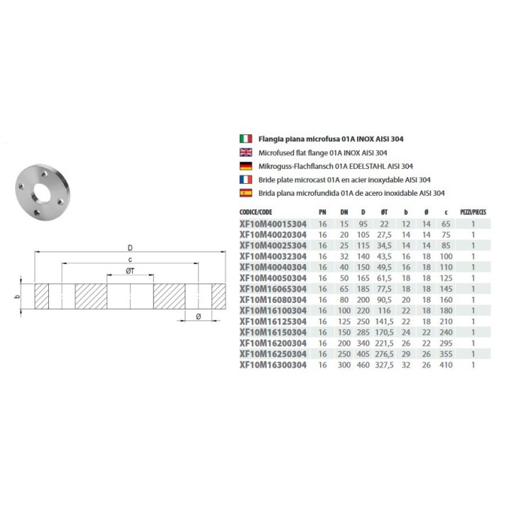 Flangia piana 01A INOX AISI 304 PN16 norma EN1092-1