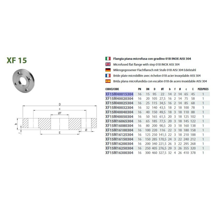 Flangia piana con gradino 01B INOX AISI 304 PN16/40 norma EN1092-1