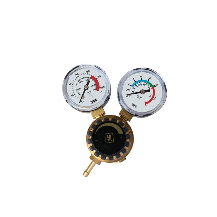dettaglio riduttore pressione 2 manometri argon co2 300/315 atm 12 l/min telwin 722119