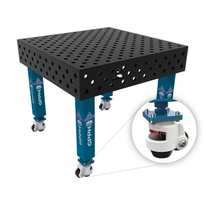 Tavolo per saldatura con ruote SteelExpert GPPH 1x1mt spessore 25mm, fori 28mm in griglia diagonale