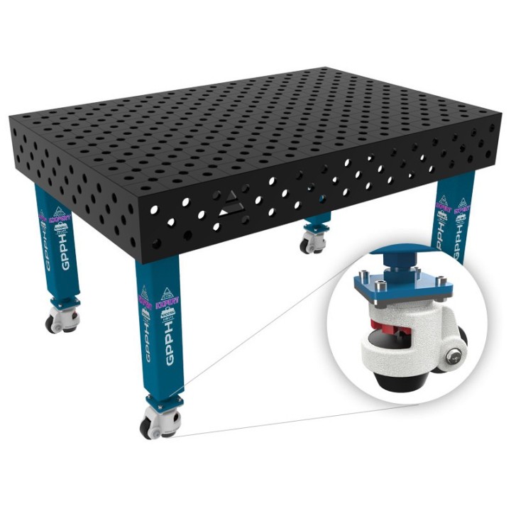 Tavolo per saldatura con ruote SteelExpert GPPH 1,5x1mt spessore 25mm, fori 28mm in griglia diagonale