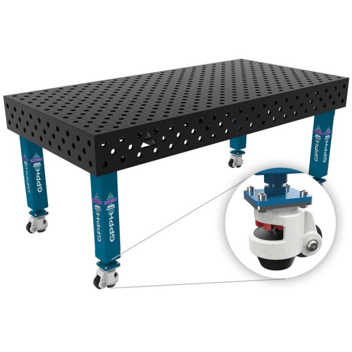 Tavolo per saldatura con ruote SteelExpert GPPH 2x1mt spessore 25mm, fori 28mm in griglia diagonale
