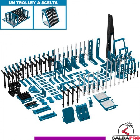 Set 134 accessori di serraggio per tavoli saldatura SteelExpert GPPH, fori 28mm con trolley