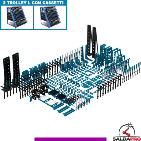 Set 252 accessori di serraggio per tavoli saldatura SteelExpert GPPH, fori 28mm con 2 trolley L