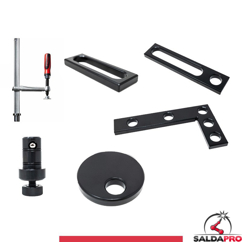 Set di accessori di serraggio 24 pezzi per tavoli saldatura SteelMax GPPH, fori 28mm