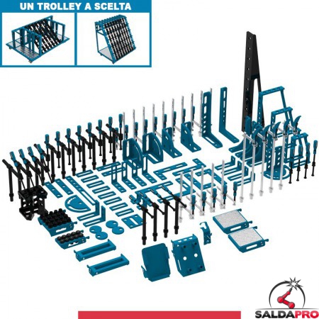 Set 134 accessori di serraggio per tavoli saldatura SteelMax GPPH, fori 28mm con trolley