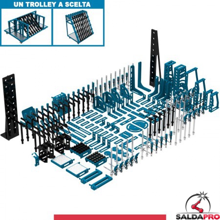 Set 190 accessori di serraggio per tavoli saldatura SteelMax GPPH, fori 28mm con trolley