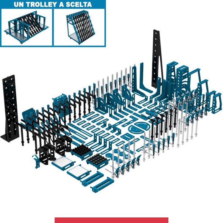 Set 190 accessori di serraggio per tavoli saldatura SteelMax GPPH, fori 28mm con trolley
