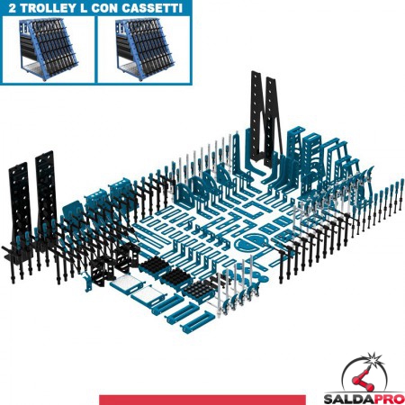 Set 252 accessori di serraggio per tavoli saldatura SteelMax GPPH, fori 28mm con 2 trolley L