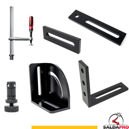Set di accessori di serraggio 34 pezzi per tavoli saldatura SteelPlus GPPH, fori 16mm