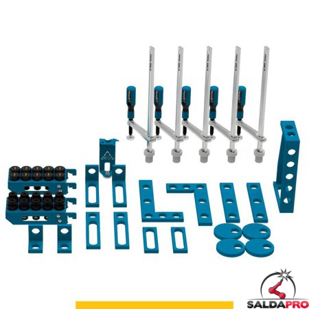 Set di accessori di serraggio 45 pezzi per tavoli saldatura SteelPlus GPPH, fori 16mm
