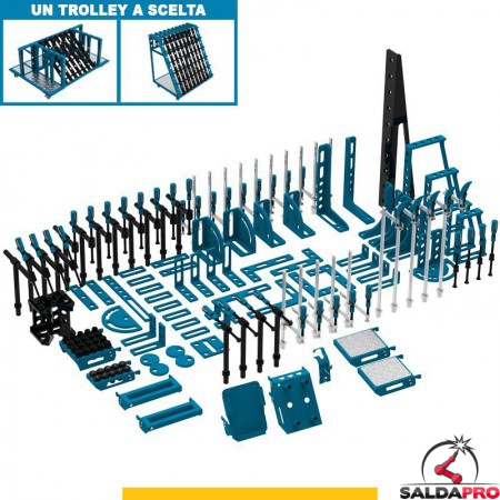 Set 134 accessori di serraggio per tavoli saldatura SteelPlus GPPH, fori 16mm con trolley