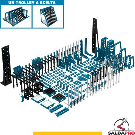 Set 190 accessori di serraggio per tavoli saldatura SteelPlus GPPH, fori 16mm con trolley