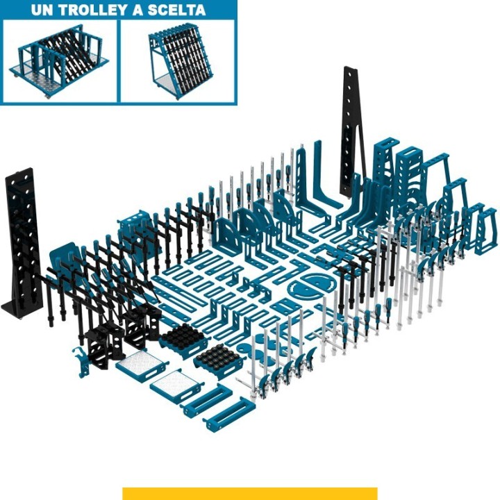 Set 190 accessori di serraggio per tavoli saldatura SteelPlus GPPH, fori 16mm con trolley