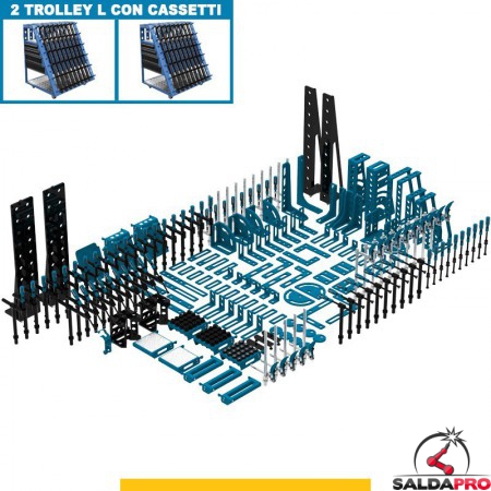 Set 252 accessori di serraggio per tavoli saldatura SteelPlus GPPH, fori 16mm con 2 trolley L