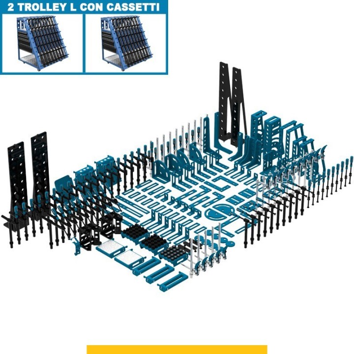 Set 252 accessori di serraggio per tavoli saldatura SteelPlus GPPH, fori 16mm con 2 trolley L