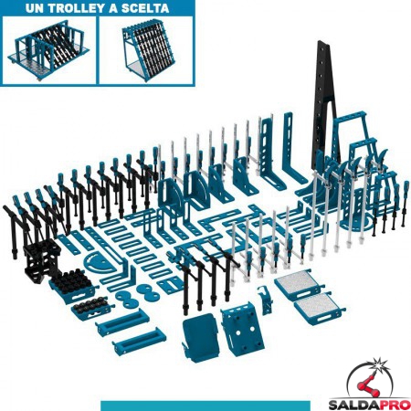 Set 134 accessori di serraggio per tavoli saldatura SteelEco GPPH, fori 16mm con trolley