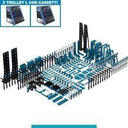 Set 252 accessori di serraggio per tavoli saldatura SteelEco GPPH, fori 16mm con 2 trolley L