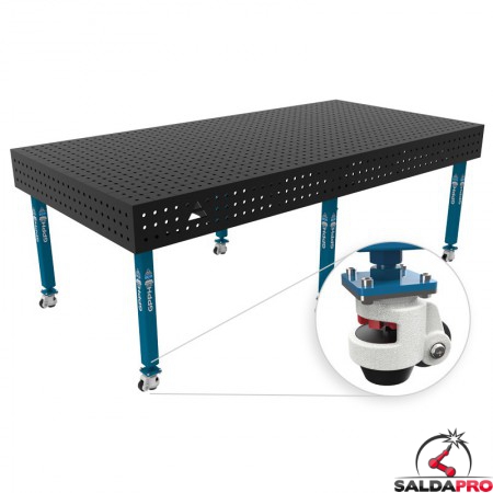 Banco per saldatura con ruote SteelEco GPPH 2,4x1,2mt spessore 8mm, fori 16mm in griglia 50x50mm