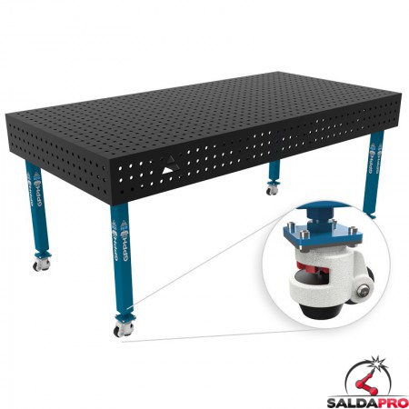 Banco per saldatura con ruote SteelEco GPPH 2x1mt spessore 8mm, fori 16mm in griglia 50x50mm