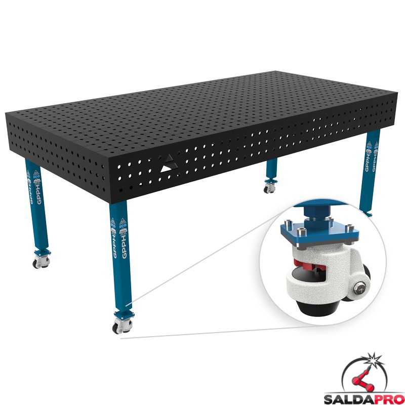 Banco per saldatura con ruote SteelEco GPPH 2x1mt spessore 8mm, fori 16mm in griglia 50x50mm Banco per saldatura con ruote SteelEco GPPH 2x1mt spessore 8mm, fori 16mm in griglia 50x50mm