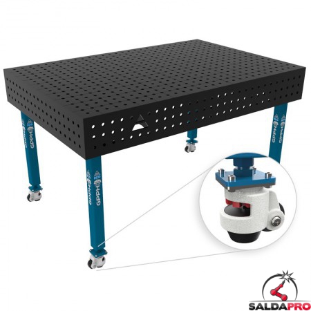 Banco per saldatura con ruote SteelEco GPPH 1,5x1mt spessore 8mm, fori 16mm in griglia 50x50mm
