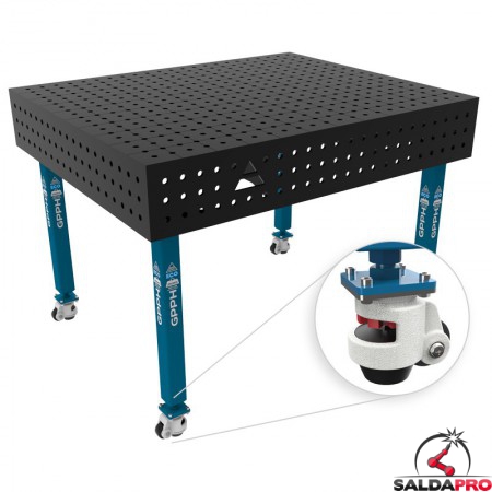 Banco per saldatura con ruote SteelEco GPPH 1,2x1mt spessore 8mm, fori 16mm in griglia 50x50mm