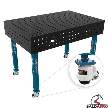 Banco per saldatura con ruote SteelEco GPPH 1,2x0,8mt spessore 8mm, fori 16mm in griglia 50x50mm