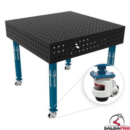 Banco per saldatura con ruote SteelEco GPPH 1x1mt spessore 8mm, fori 16mm in griglia 50x50mm