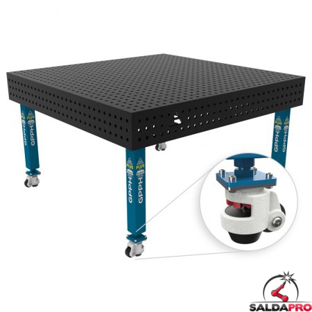 Banco per saldatura con ruote SteelPlus GPPH 1,5x1,48mt spessore 12mm, fori 16mm in griglia 50x50mm