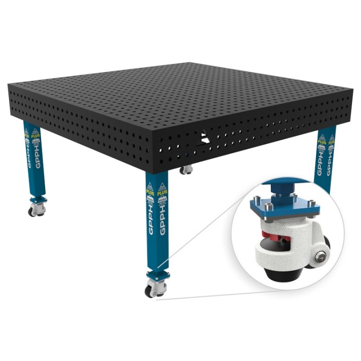 Banco per saldatura con ruote SteelPlus GPPH 1,5x1,48mt spessore 12mm, fori 16mm in griglia 50x50mm
