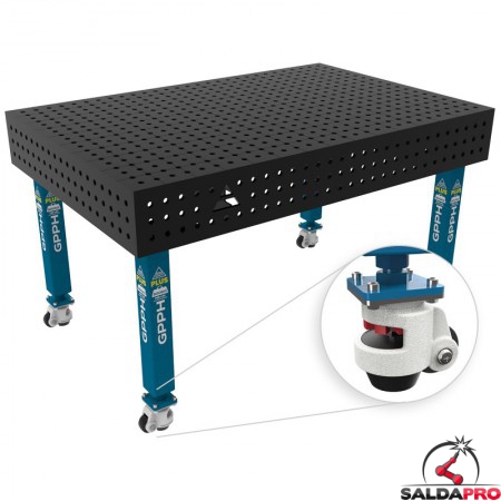 Banco per saldatura con ruote SteelPlus GPPH 1,5x1mt spessore 12mm, fori 16mm in griglia 50x50mm