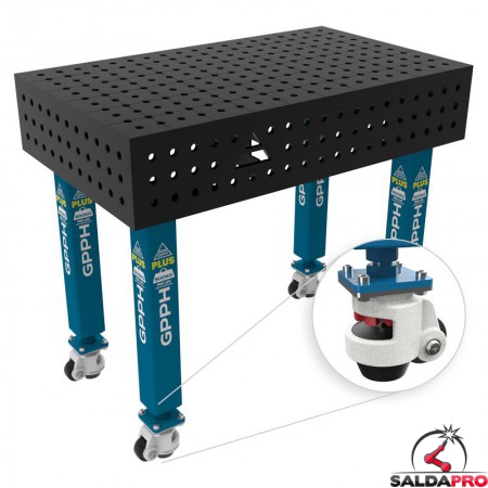 Banco per saldatura con ruote SteelPlus GPPH 1x0,6mt spessore 12mm, fori 16mm in griglia 50x50mm