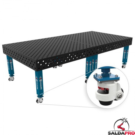 Banco per saldatura con ruote SteelMax GPPH 3x1,48mt spessore 15mm, fori 28mm in griglia diagonale