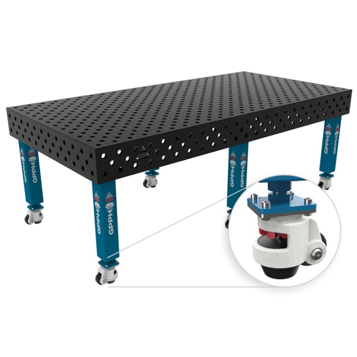 Banco per saldatura con ruote SteelMax GPPH 2,4x1,2mt spessore 15mm, fori 28mm in griglia diagonale