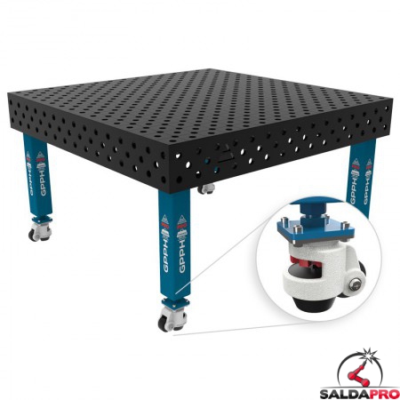 Banco per saldatura con ruote SteelMax GPPH 1,5x1,48mt spessore 15mm, fori 28mm in griglia diagonale