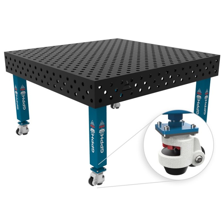 Banco per saldatura con ruote SteelMax GPPH 1,5x1,48mt spessore 15mm, fori 28mm in griglia diagonale