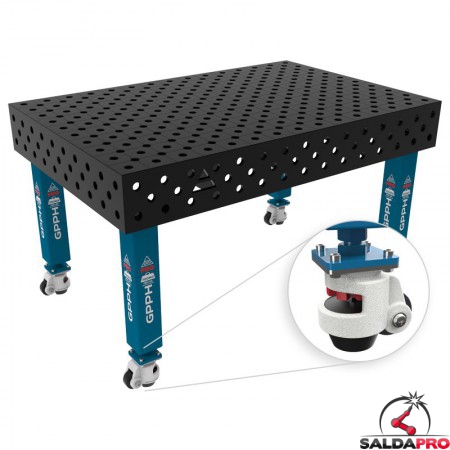 Banco per saldatura con ruote SteelMax GPPH 1,5x1mt spessore 15mm, fori 28mm in griglia diagonale