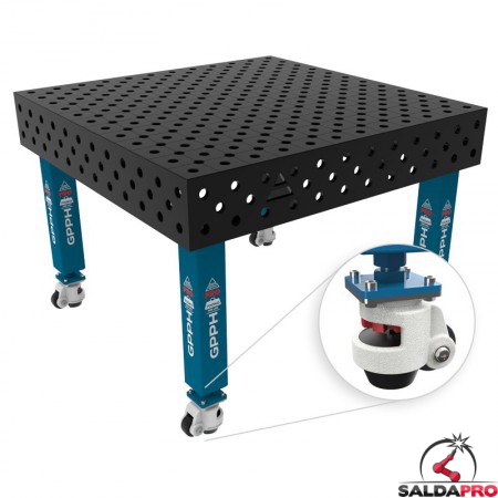 Banco per saldatura con ruote SteelMax GPPH 1,2x1,2mt spessore 15mm, fori 28mm in griglia diagonale
