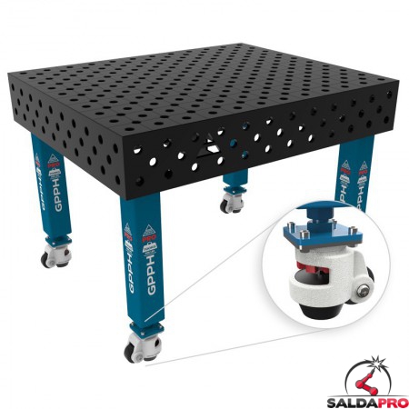 Banco per saldatura con ruote SteelMax GPPH 1,2x1mt spessore 15mm, fori 28mm in griglia diagonale