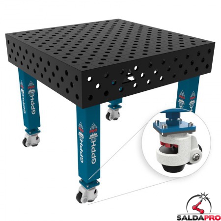 Banco per saldatura con ruote SteelMax GPPH 1x1mt spessore 15mm, fori 28mm in griglia diagonale