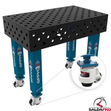 Banco per saldatura con ruote SteelMax GPPH 1x0,6mt spessore 15mm, fori 28mm in griglia diagonale