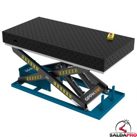 Banco per saldatura SteelEco idraulico GPPH 2x1mt spessore 8mm, fori 16mm in griglia diagonale