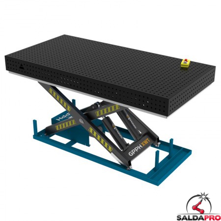 Banco per saldatura SteelPlus idraulico GPPH 2,4x1,2mt spessore 12mm, fori 16mm in griglia 50x50mm